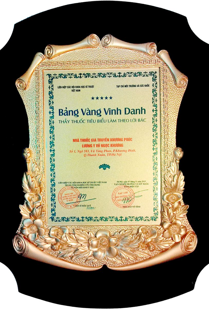 bảng vàng vinh danh lương y Vũ Ngọc Khương nhà thuốc đông y gia truyền Khương Phúc